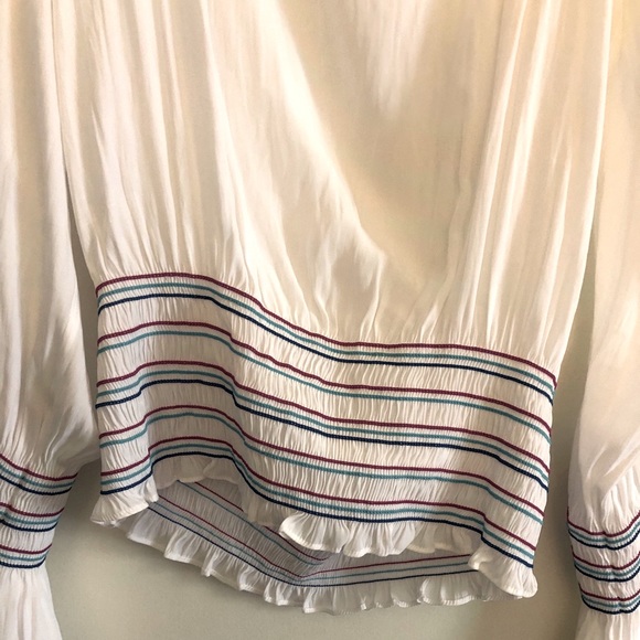 Ramy Brook White Blouse with Multicolor Striped Hem and Cuffs - Picture 3 of 6